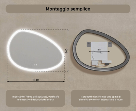 Specchio irregolare con illuminazione, 114×84 cm, bicolore, interruttore touch, tappetino riscaldante #8