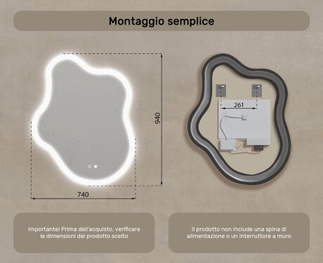 Specchio irregolare con illuminazione, 74×94 cm, bicolore, interruttore touch, tappetino riscaldante #8
