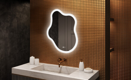Specchio irregolare con illuminazione, 74×94 cm, bicolore, interruttore touch, tappetino riscaldante