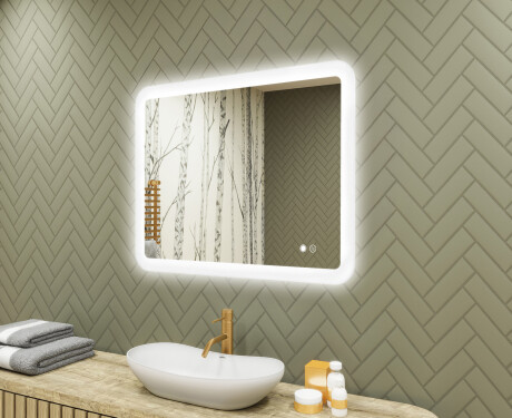 Specchio da bagno arrotondato con illuminazione LED, 80×60 cm, bicolore, interruttore touch, tappetino riscaldante