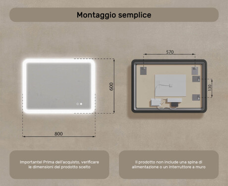 Specchio da bagno arrotondato con illuminazione LED, 80×60 cm, bicolore, interruttore touch, tappetino riscaldante #8