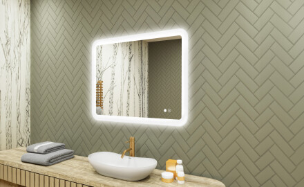 Specchio da bagno arrotondato con illuminazione LED, 80×60 cm, bicolore, interruttore touch, tappetino riscaldante
