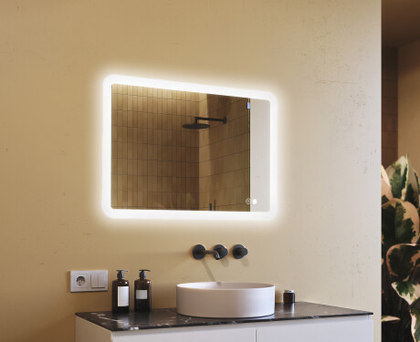 Specchio da bagno arrotondato con illuminazione LED, 100×70 cm, bicolore, interruttore touch, tappetino riscaldante