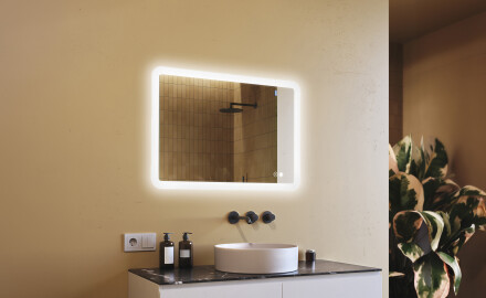 Specchio da bagno arrotondato con illuminazione LED, 100×70 cm, bicolore, interruttore touch, tappetino riscaldante