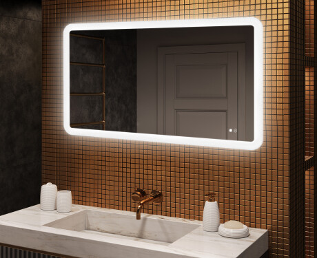 Specchio da bagno arrotondato con illuminazione LED, 120×70 cm, bicolore, interruttore touch, tappetino riscaldante
