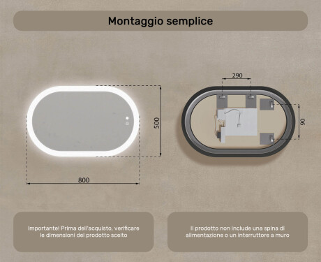 Specchio da bagno illuminato, 80×50 cm, bicolore, interruttore touch, tappetino riscaldante #8