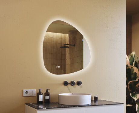 Specchio irregolare con illuminazione, 84×84 cm, bicolore, interruttore touch, tappetino riscaldante