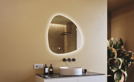 Specchio irregolare con illuminazione, 84×84 cm, bicolore, interruttore touch, tappetino riscaldante