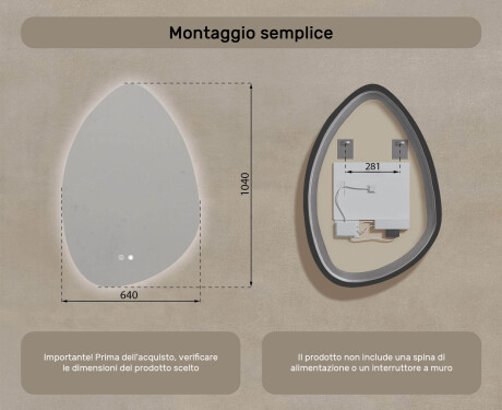 Specchio irregolare con illuminazione, 64×94 cm, bicolore, interruttore touch, tappetino riscaldante #8