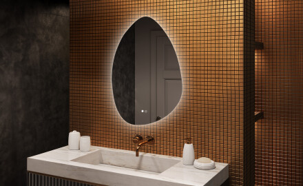 Specchio irregolare con illuminazione, 64×94 cm, bicolore, interruttore touch, tappetino riscaldante