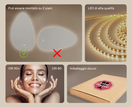 Specchio irregolare con illuminazione, 64×104 cm, bicolore, interruttore touch, tappetino riscaldante #6