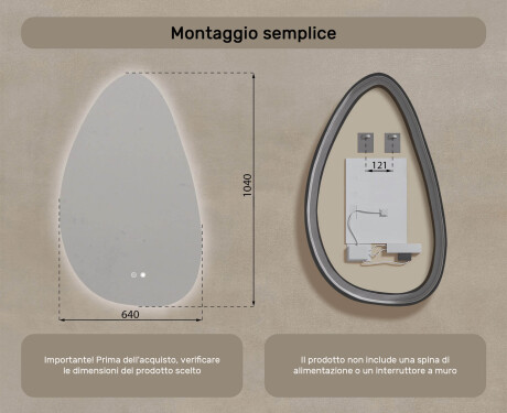 Specchio irregolare con illuminazione, 64×104 cm, bicolore, interruttore touch, tappetino riscaldante #8