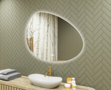 Specchio irregolare con illuminazione, 114×84 cm, bicolore, interruttore touch, tappetino riscaldante