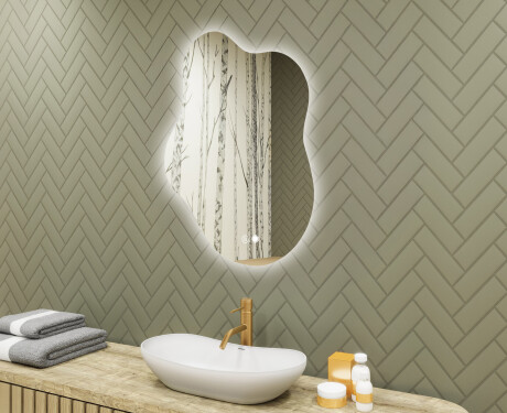 Specchio irregolare con illuminazione, 74×94 cm, bicolore, interruttore touch, tappetino riscaldante