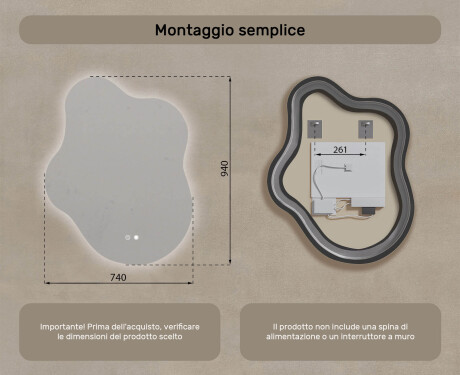 Specchio irregolare con illuminazione, 74×94 cm, bicolore, interruttore touch, tappetino riscaldante #8