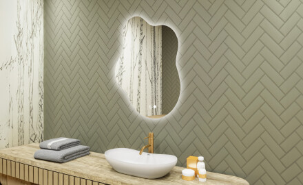 Specchio irregolare con illuminazione, 74×94 cm, bicolore, interruttore touch, tappetino riscaldante
