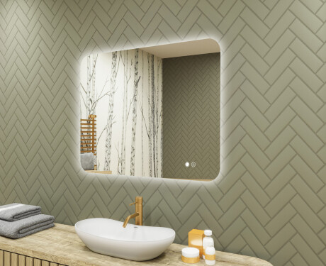 Specchio da bagno arrotondato con illuminazione LED, 80×60 cm, bicolore, interruttore touch, tappetino riscaldante