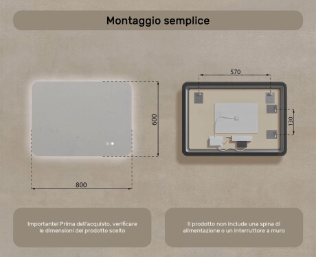 Specchio da bagno arrotondato con illuminazione LED, 80×60 cm, bicolore, interruttore touch, tappetino riscaldante #8