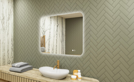 Specchio da bagno arrotondato con illuminazione LED, 80×60 cm, bicolore, interruttore touch, tappetino riscaldante