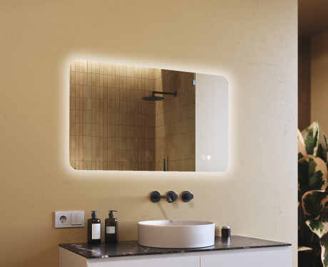 Specchio da bagno arrotondato con illuminazione LED, 120×70 cm, bicolore, interruttore touch, tappetino riscaldante