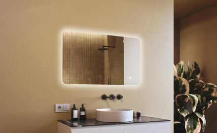 Specchio da bagno arrotondato con illuminazione LED, 120×70 cm, bicolore, interruttore touch, tappetino riscaldante