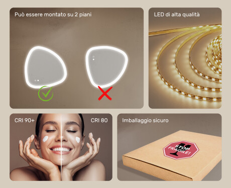 Specchio irregolare con illuminazione, 64×64 cm, bicolore, interruttore touch, tappetino riscaldante #6