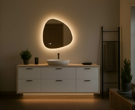 Specchio irregolare con illuminazione 64×64 cm, doppio colore, interruttore touch, tappetino riscaldante