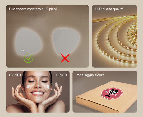 Specchio irregolare con illuminazione, 64×64 cm, bicolore, interruttore touch, tappetino riscaldante #6