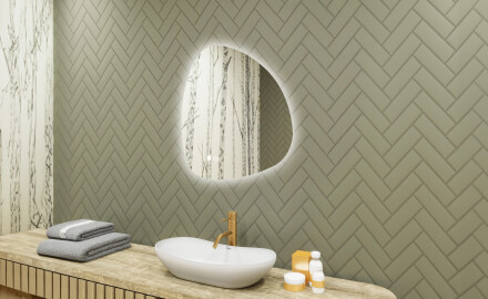 Specchio irregolare con illuminazione, 64×64 cm, bicolore, interruttore touch, tappetino riscaldante