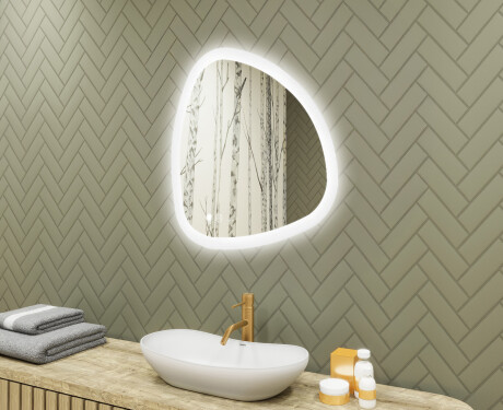Specchio irregolare con illuminazione, 74×74 cm, bicolore, interruttore touch, tappetino riscaldante