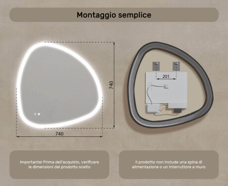 Specchio irregolare con illuminazione, 74×74 cm, bicolore, interruttore touch, tappetino riscaldante #8
