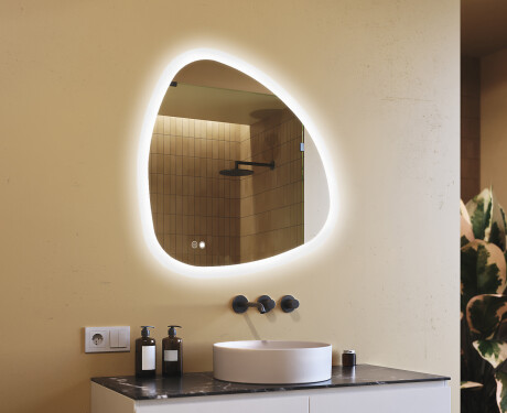 Specchio irregolare con illuminazione, 94×94 cm, bicolore, interruttore touch, tappetino riscaldante