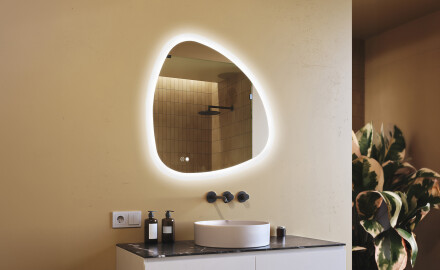 Specchio irregolare con illuminazione, 94×94 cm, bicolore, interruttore touch, tappetino riscaldante