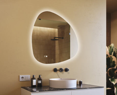 Specchio irregolare con illuminazione, 94×94 cm, bicolore, interruttore touch, tappetino riscaldante