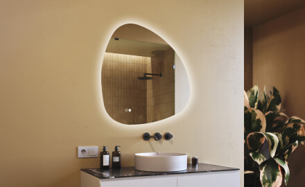 Specchio irregolare con illuminazione, 94×94 cm, bicolore, interruttore touch, tappetino riscaldante