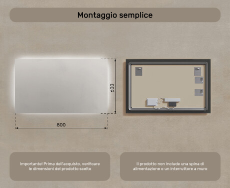 Specchio da bagno illuminato 60x80/80x60 cm con luce neutra 4500K #6