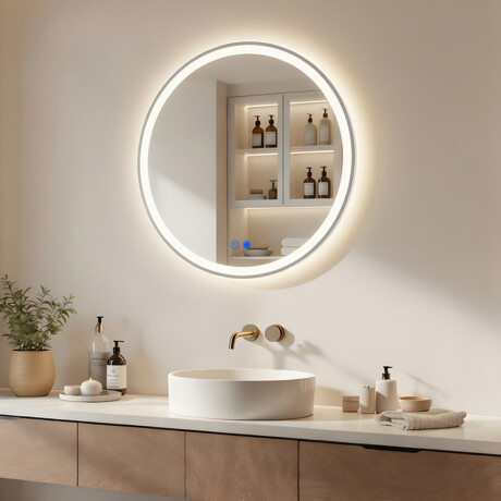 Specchio rotondo retroilluminato LED - 60/80 cm in una cornice argentata in alluminio #1