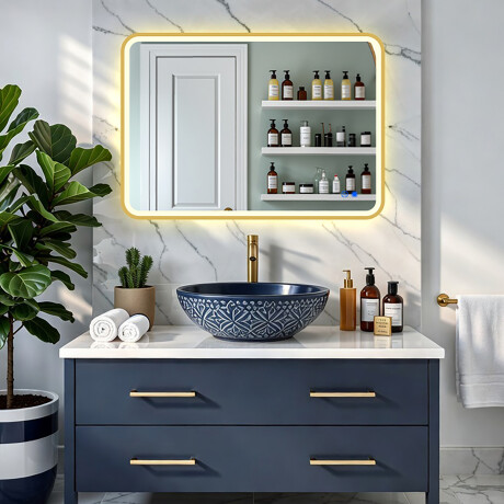 Specchio arrotondato LED con cornice in alluminio dorato #8