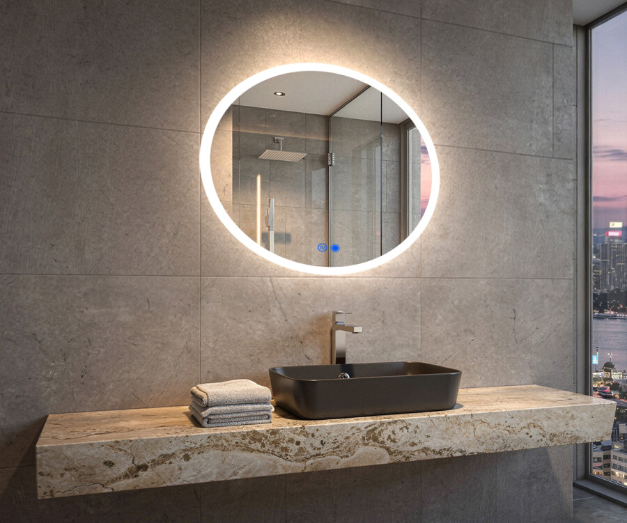 EMKE Specchio da bagno rotondo con illuminazione, 60 cm, verde scuro, dimmerabile, senza appannamento, orologio, indicatore di temperatura, specchio da bagno a LED con luce neutra, specchio da bagno