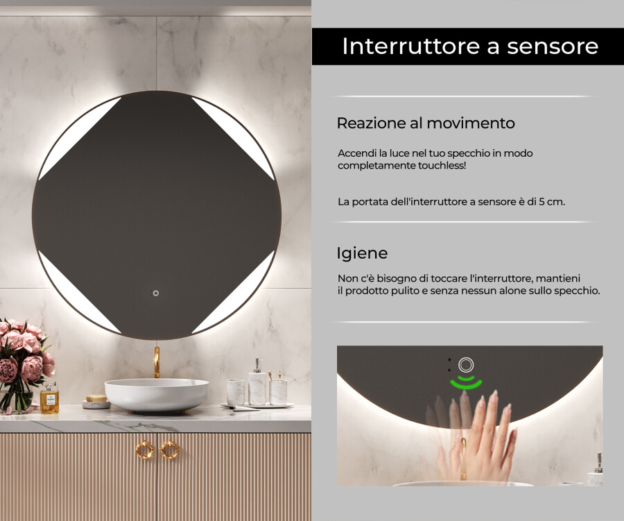 Specchio da bagno rotondo con cornice in legno illuminato a