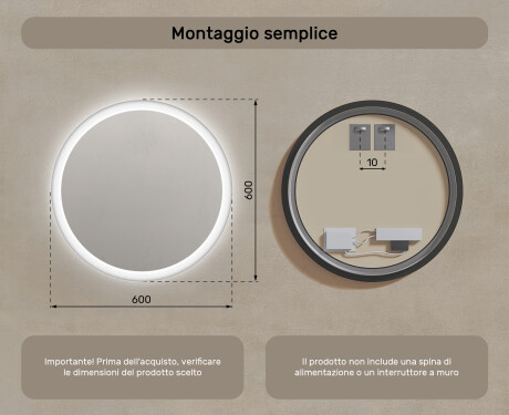 Rotondo specchio parete retroilluminato per bagno 60cm su šaltu LED apšvietimu 7000K, šiltu apšvietimu 3000K arba neutraliu apšvietimu 4500K #7