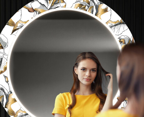 Rotondo specchio decorativi grande con luci LED per ingresso - Golden Flowers #12