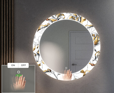 Rotondo specchio decorativi grande con luci LED per ingresso - Golden Flowers #5