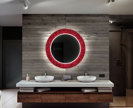 Rotondo decorativi specchio bagno da parete retroilluminato - Red Mosaic #12