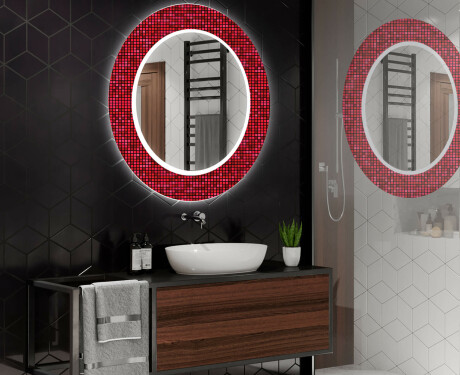 Rotondo decorativi specchio bagno da parete retroilluminato - Red Mosaic #2