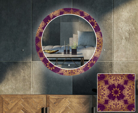 Rotondo specchio decorativi con luci LED da soggiorno - Gold Mandala