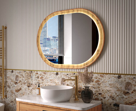 Specchio ovale in una cornice di rovere con illuminazione LED
