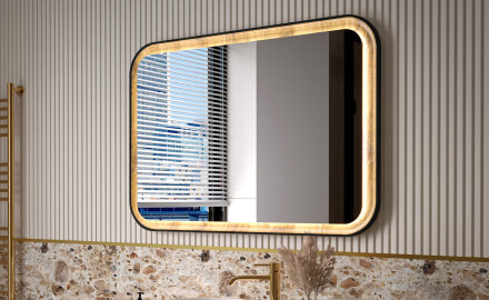 Specchio arrotondato in una cornice di rovere con illuminazione LED