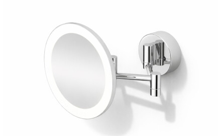 Specchio cosmetico con ingrandimento 3x, rotondo, illuminazione a LED con regolazione continua della tonalità della luce, ribaltabile, doppio braccio mobile / cromato