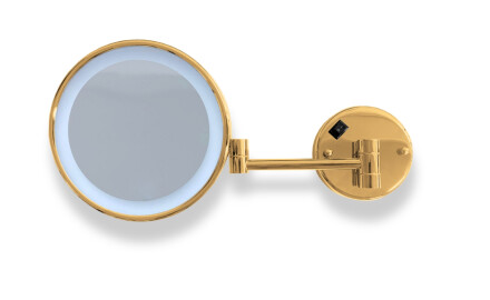 Specchio cosmetico con ingrandimento 3x, rotondo, illuminazione a LED a luce neutra, ribaltabile, doppio braccio mobile / finitura dorata lucida